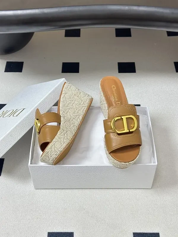 Beige Leather Espadrille Wedge Sandals with Gold Buckle, Christian Dior Style — view 1