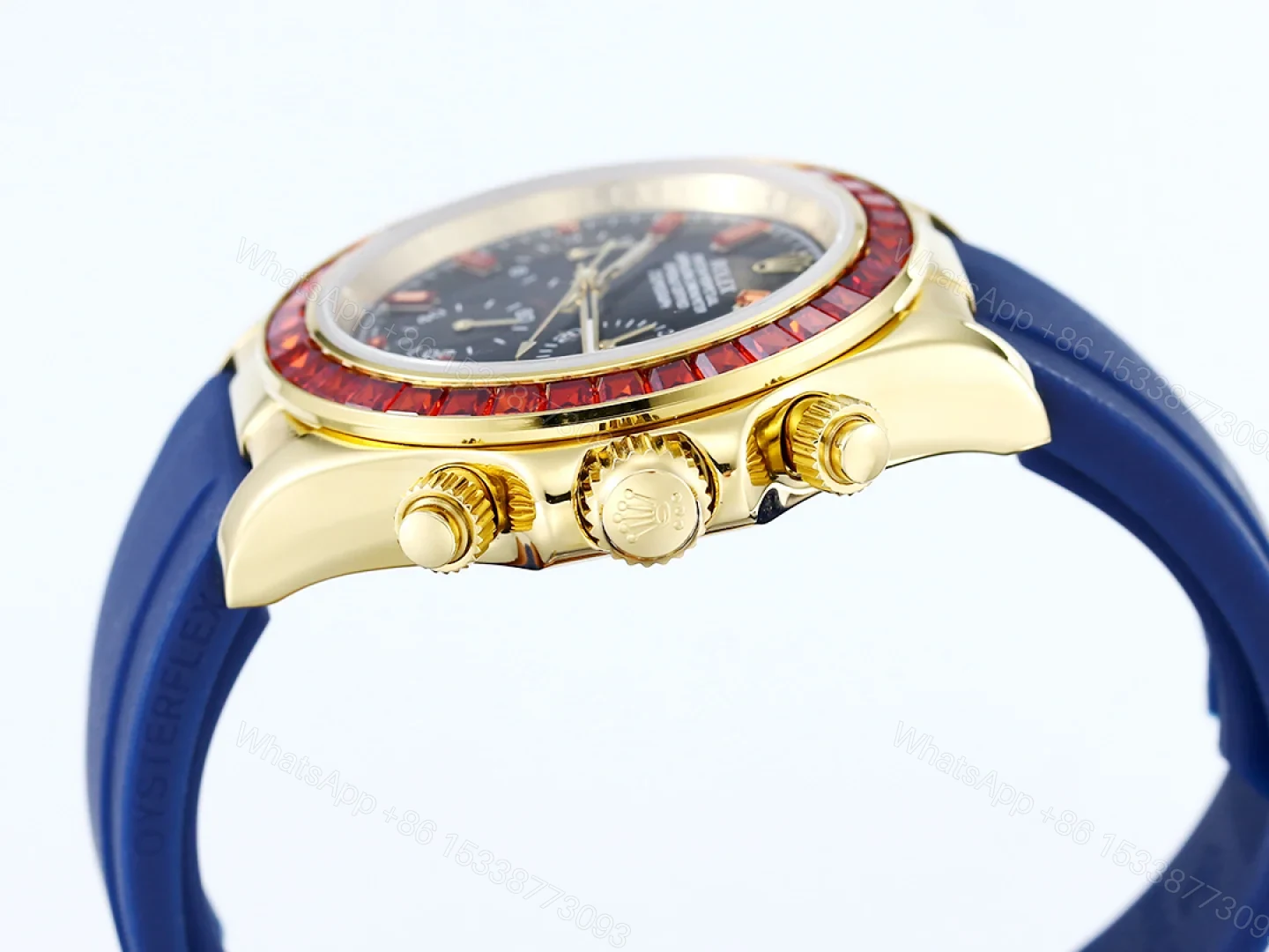 View 5 of Rolex Daytona Ruby Blue Strap Replica 43MM Exclusive Gold Case Edition RG-ROLEX-DAYTONA-RUBY-BLUE-43