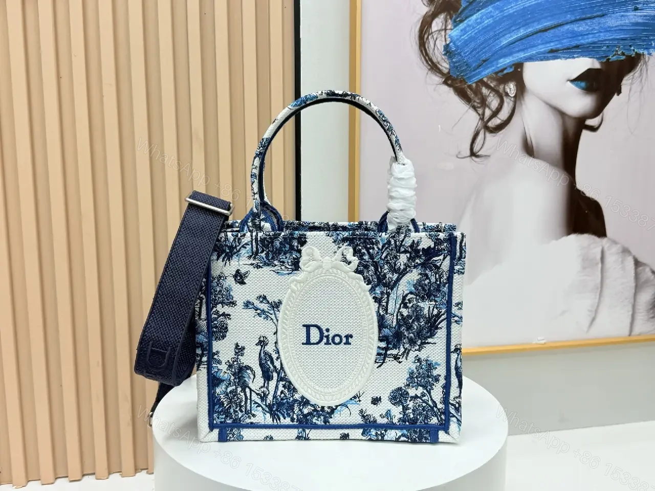 View 9 of Blue Canvas Handbag — Toile Crest Structured Crossbody Style