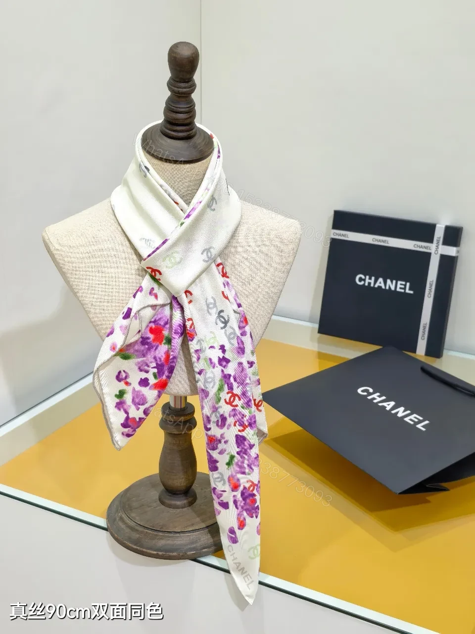 View 7 of Purple Silk Scarf: Floral Frame, Subtle Logo Detailing, 90cm square
