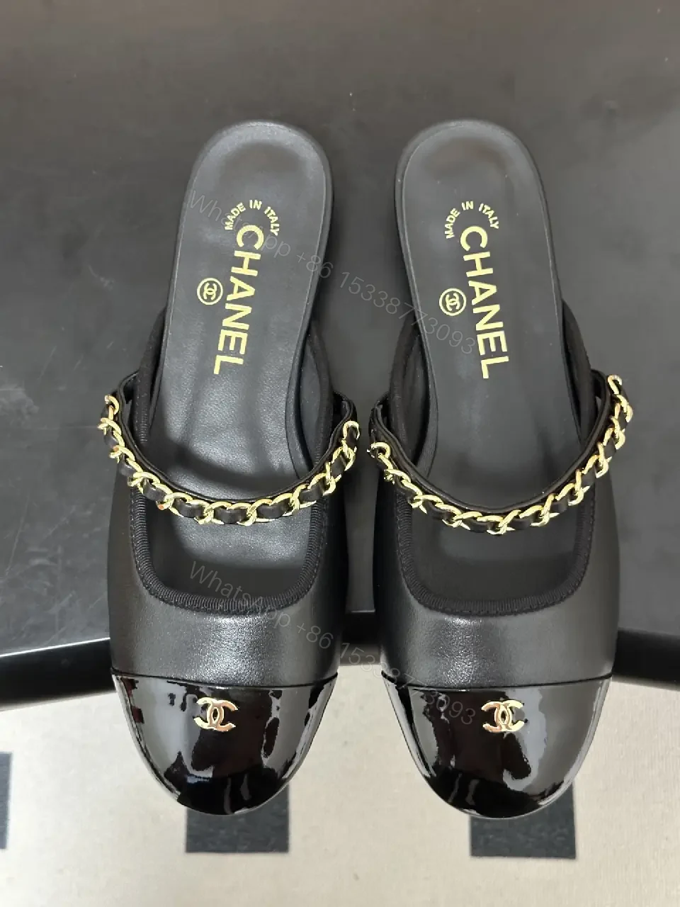 View 7 of Black Leather Flat Mules Chain-Detail Chanel-Style Slippers