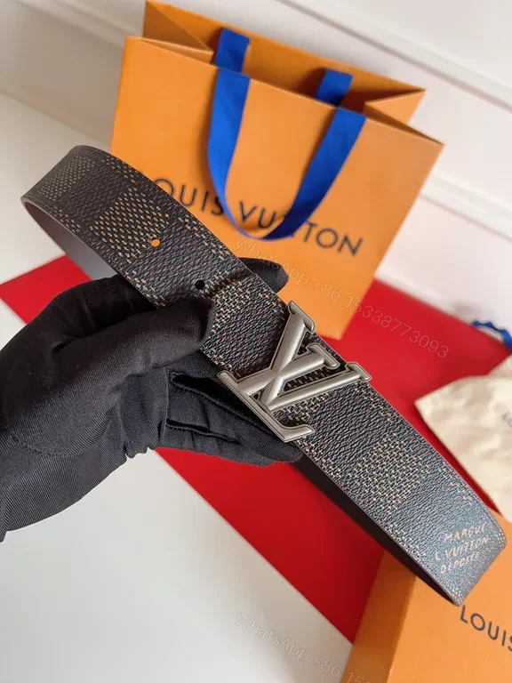 View 4 of Chic Damier-Texture Belt with LV Buckle, Luxury Leather