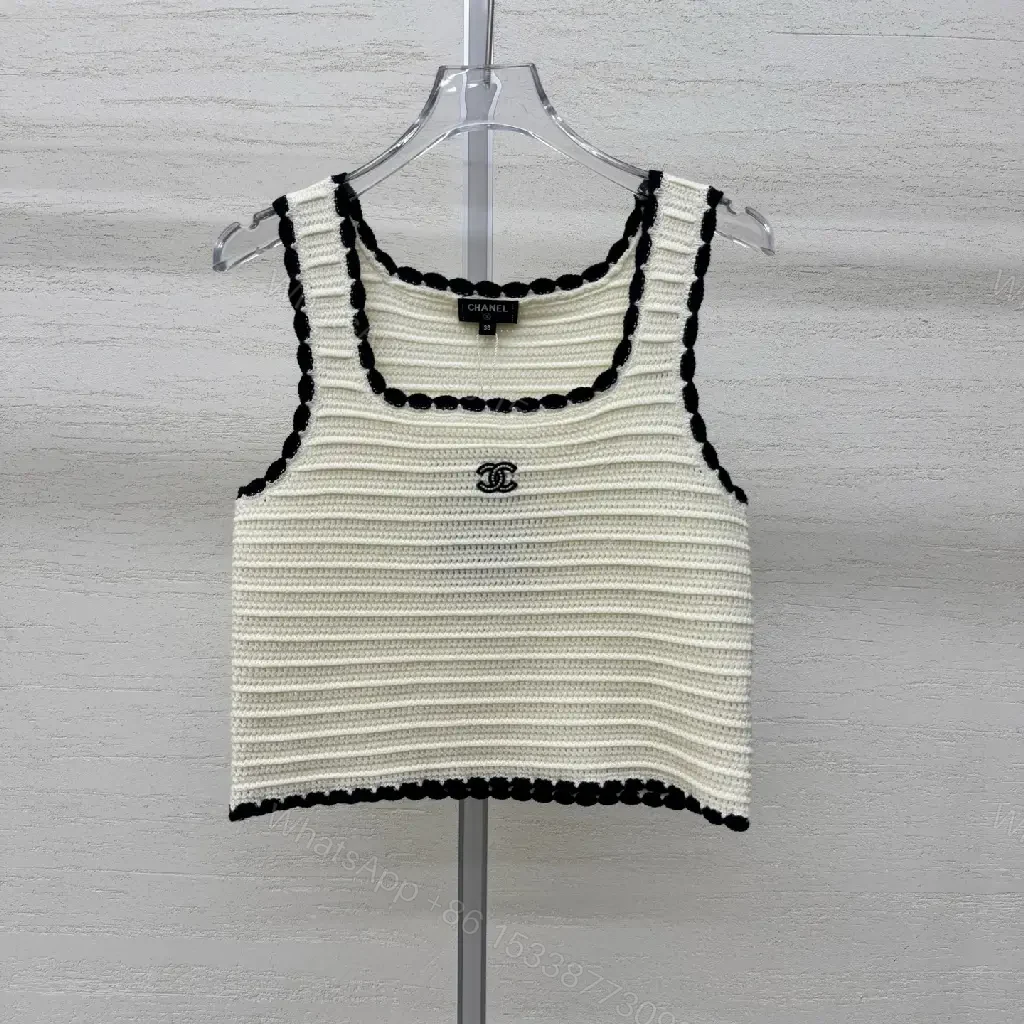View 8 of Ivory Knit Crop Top with Black Piping, Luxe Knitwear Top