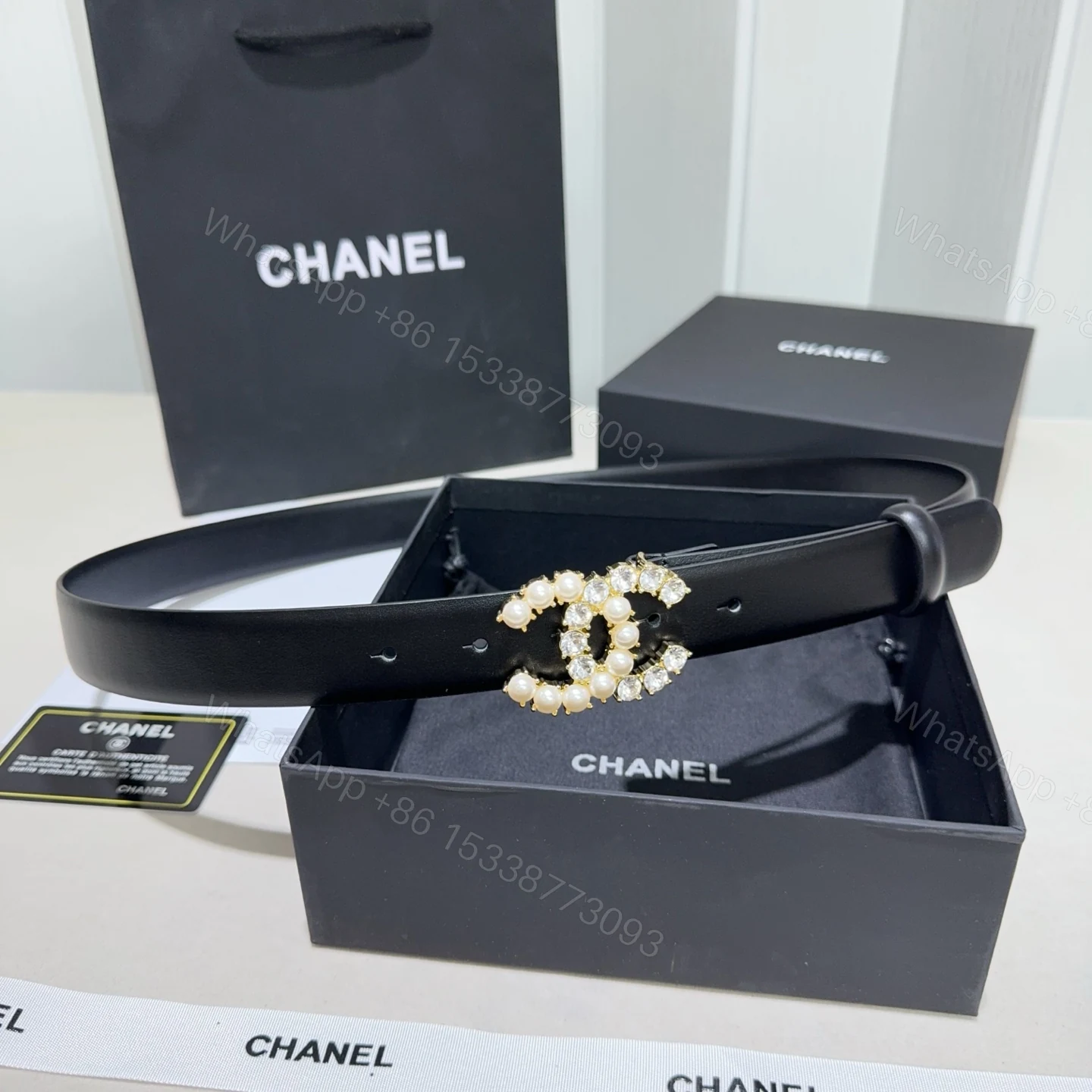 Chanel珍珠水鑽雙C扣女士皮帶 一比一小香風時尚腰帶 — view 1