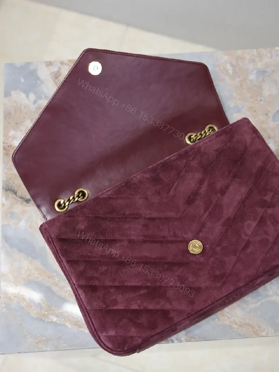 View 8 of Burgundy Quilted Velvet Satchel - Structured Luxury Bag