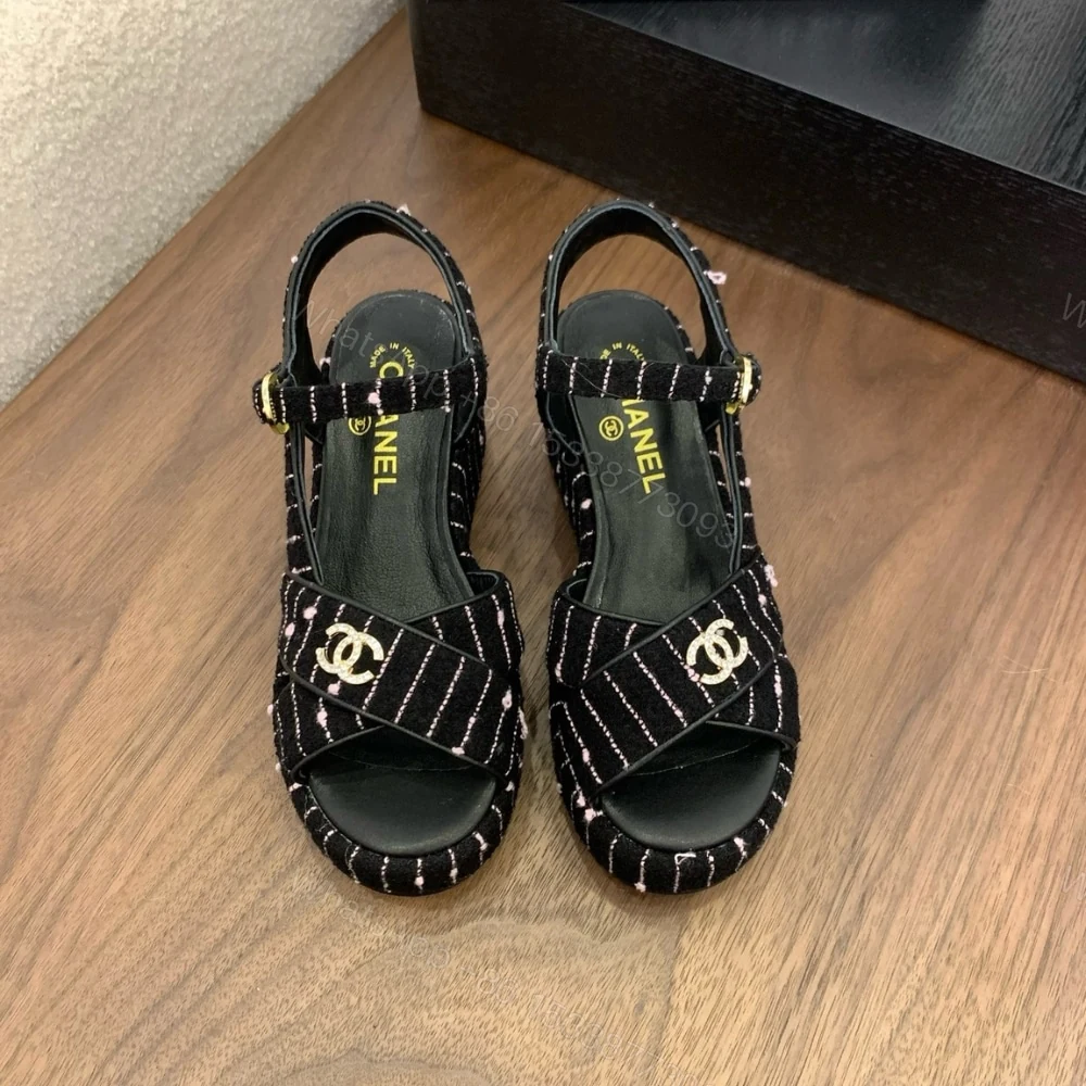 View 7 of CHANEL COTTON TWEED CC PLATFORM SANDALS BLACK WHITE