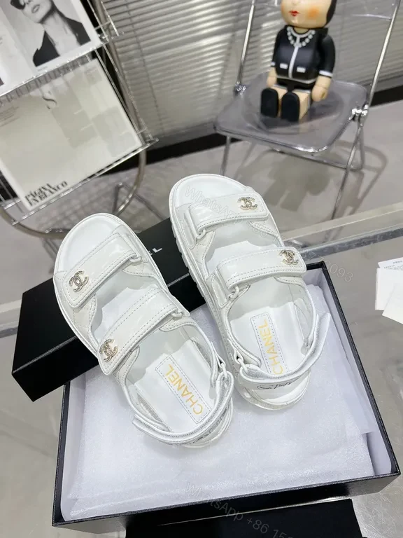 View 3 of White Leather Velcro Sandals with Chanel-Inspired Hardware