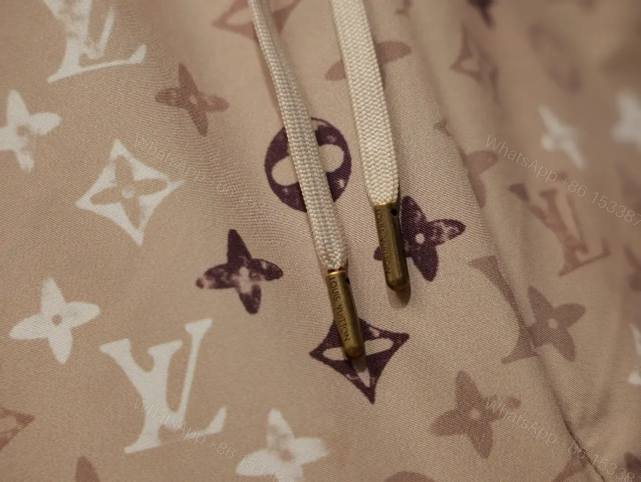 View 9 of Beige Monogram Print Drawstring Swim Shorts