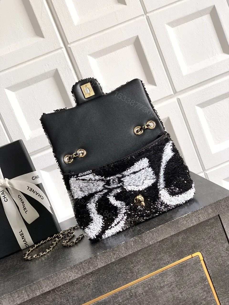 View 3 of Sequin Mini Bag: Black-White Wave, Gold Hardware, Chic Evening