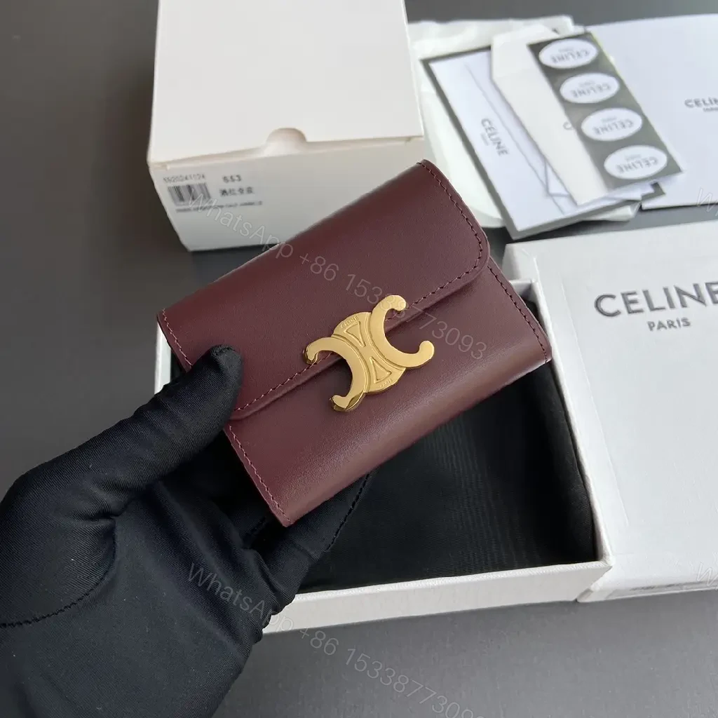 View 3 of Burgundy Leather Wallet with Gold Clasp - Compact Elegance