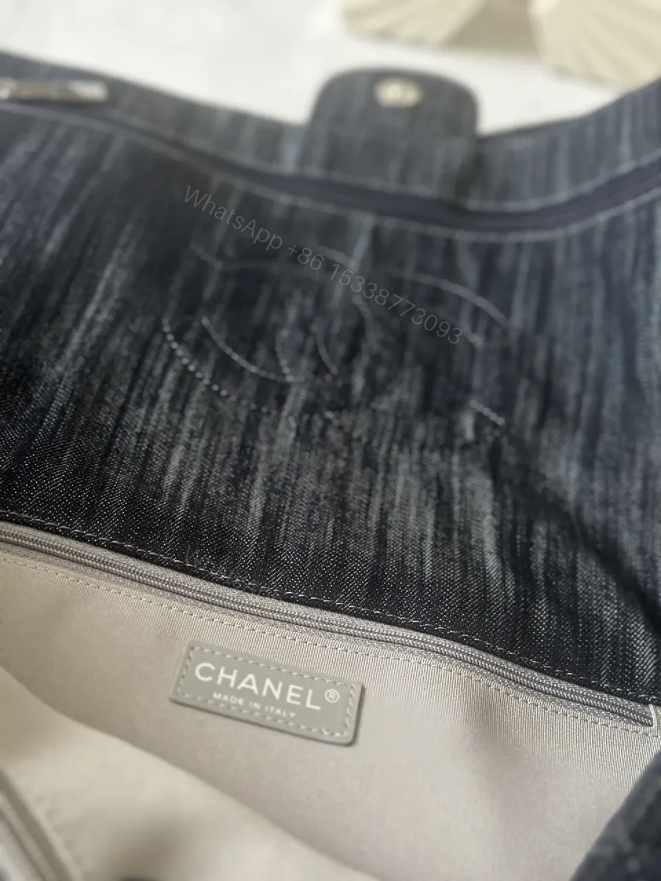 View 8 of Denim-Textured Quilted Bag with Chain-Detail Handle