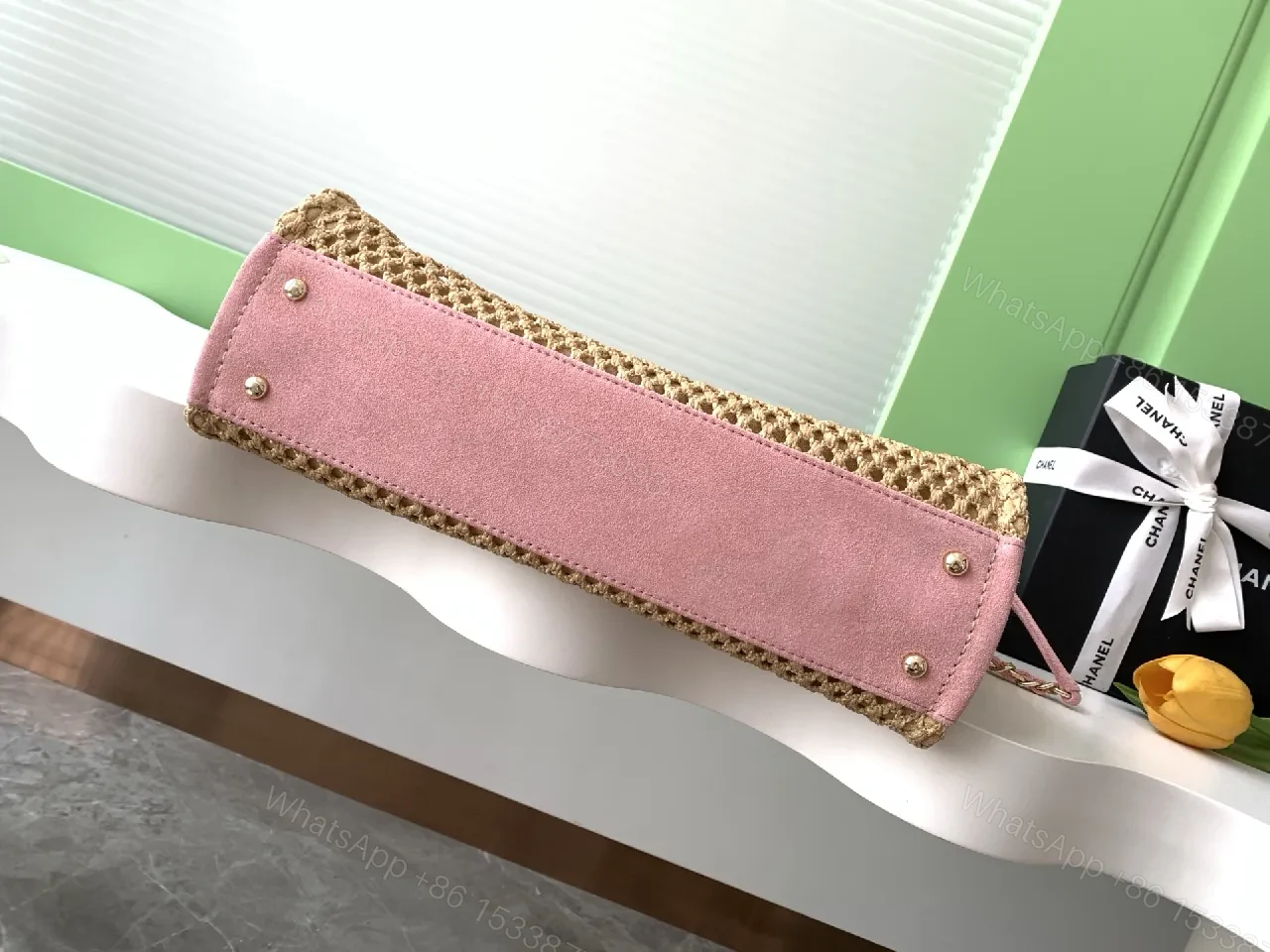 View 2 of Textured Straw Pink Tote with Chain Detail Bag