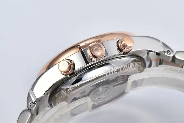 View 6 of Longines Master Collection Moonphase Chronograph Watch Silver Dial Two Tone Stainless Steel and Rose Gold Bracelet 42mm Case Classic Elegant Style