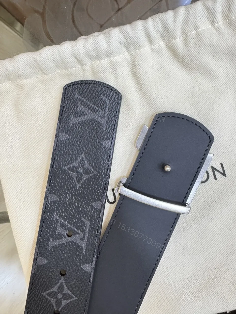 View 4 of Monogram Black Canvas Belt with Signature Buckle, Luxe Style