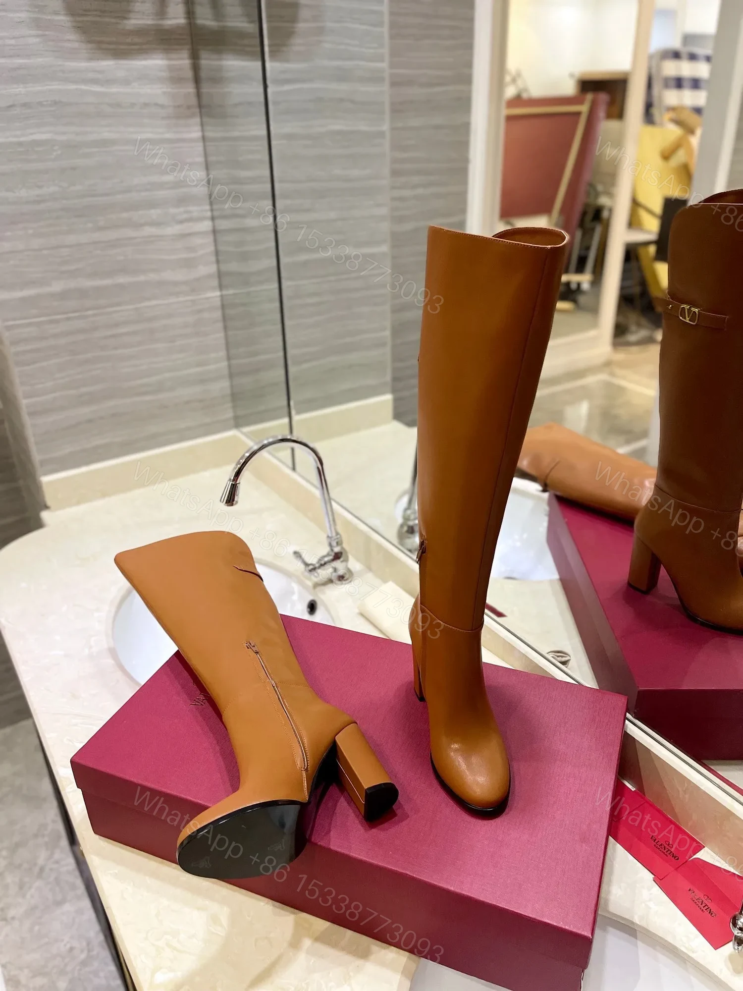 View 2 of Valentino Women Tan Leather High Heel Boots