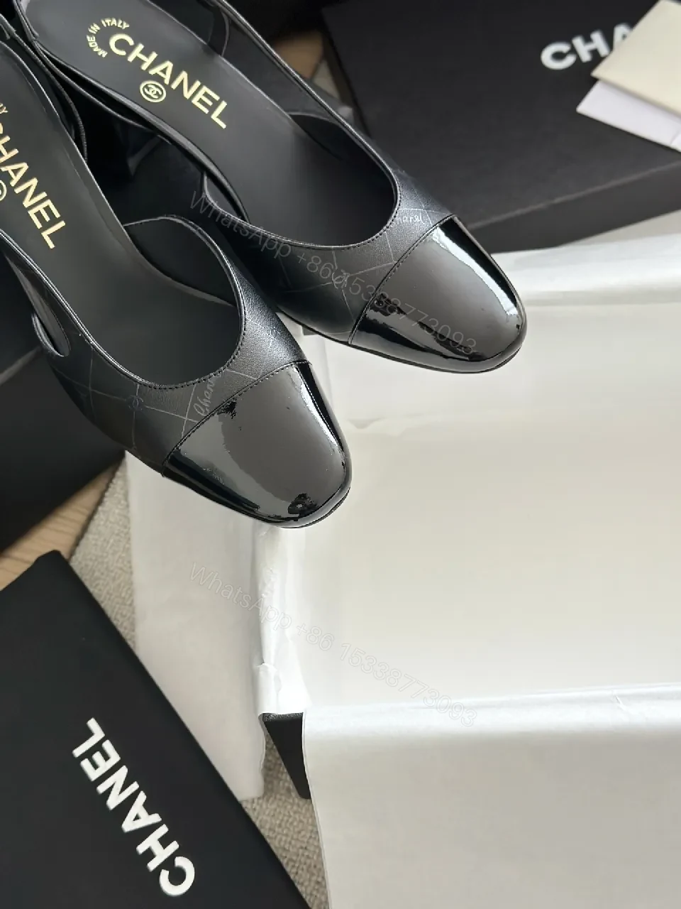 View 8 of Black Leather Slingback Pumps with Quilted Detail