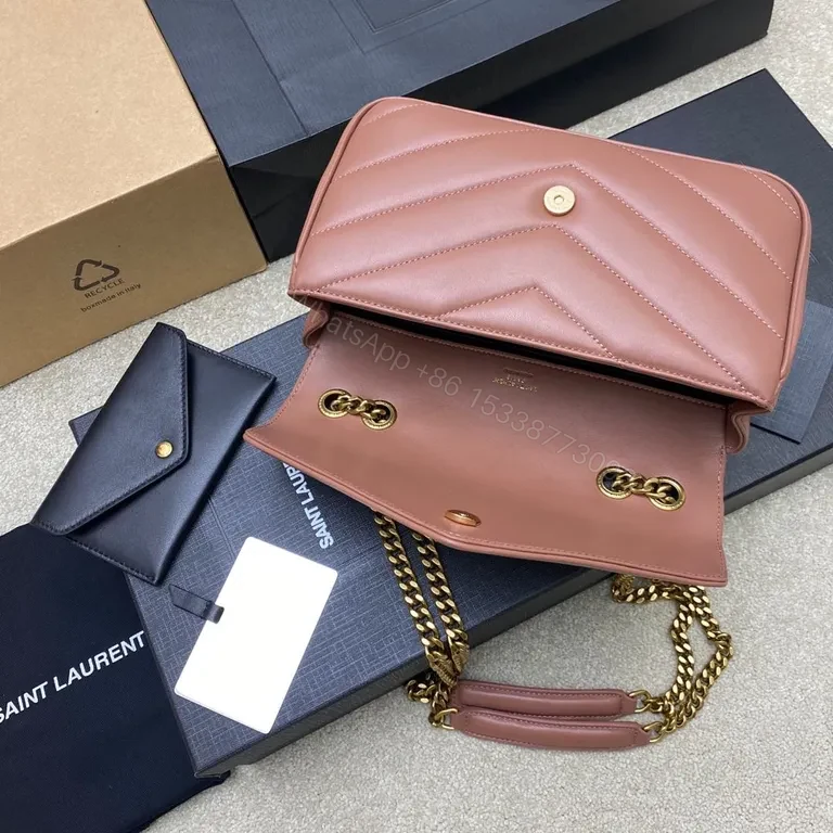 View 8 of Chic Pink Leather Flap Bag with Gold YSL Monogram, Luxury Everyday Essential