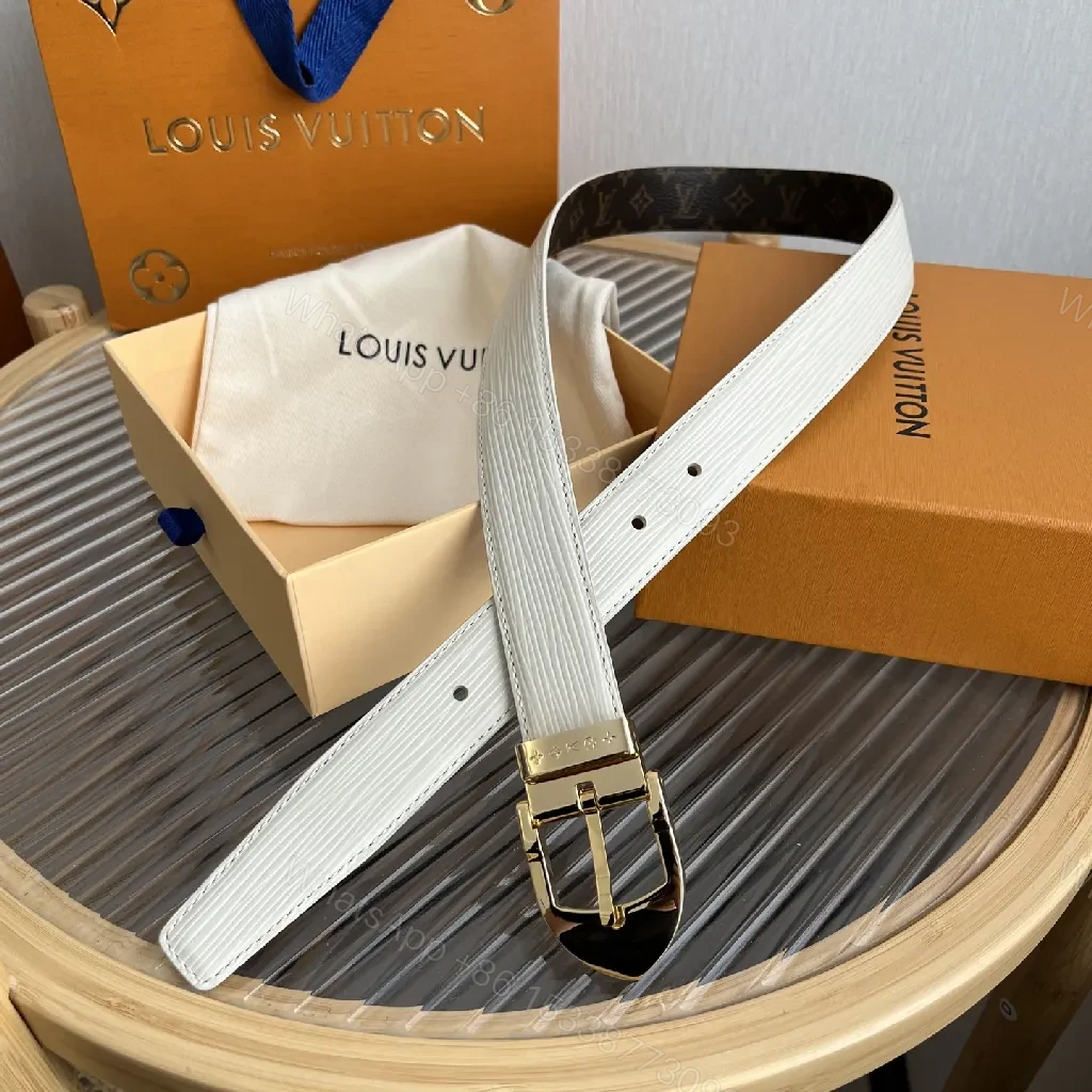 View 6 of White Leather Belt: Subtle Gold Buckle, Monogram Detail, Modern Luxury
