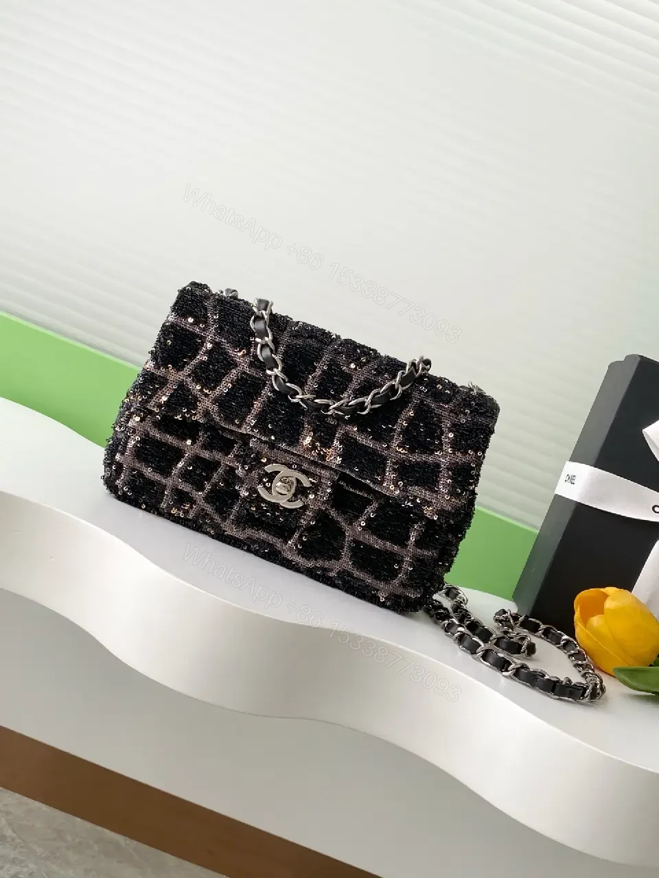View 10 of Black Tweed Quilted Flap Bag with Silver Chain Strap