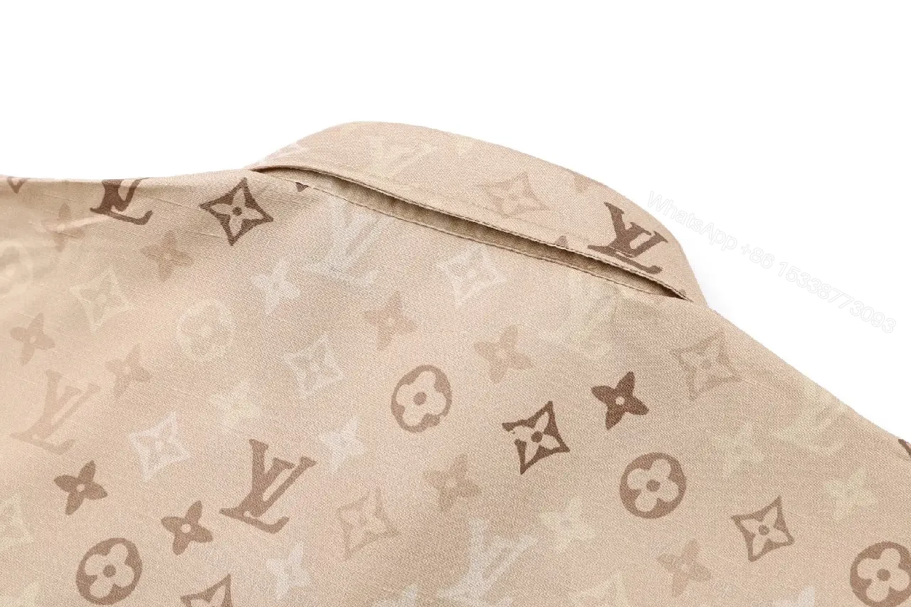 View 6 of Light Beige LV Monogram Floral Short-Sleeve Button-Up Shirt