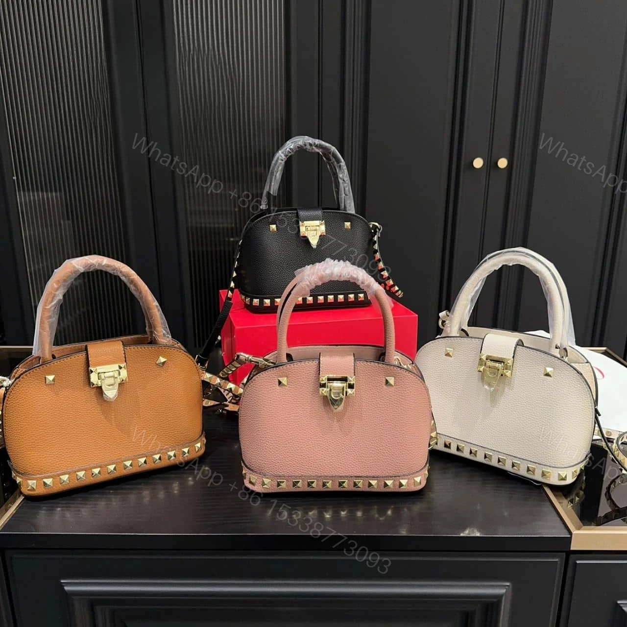 View 9 of VALENTINO GARAVANI ROCKSTUD HANDBAG IN GRAINY BLACK 21CM