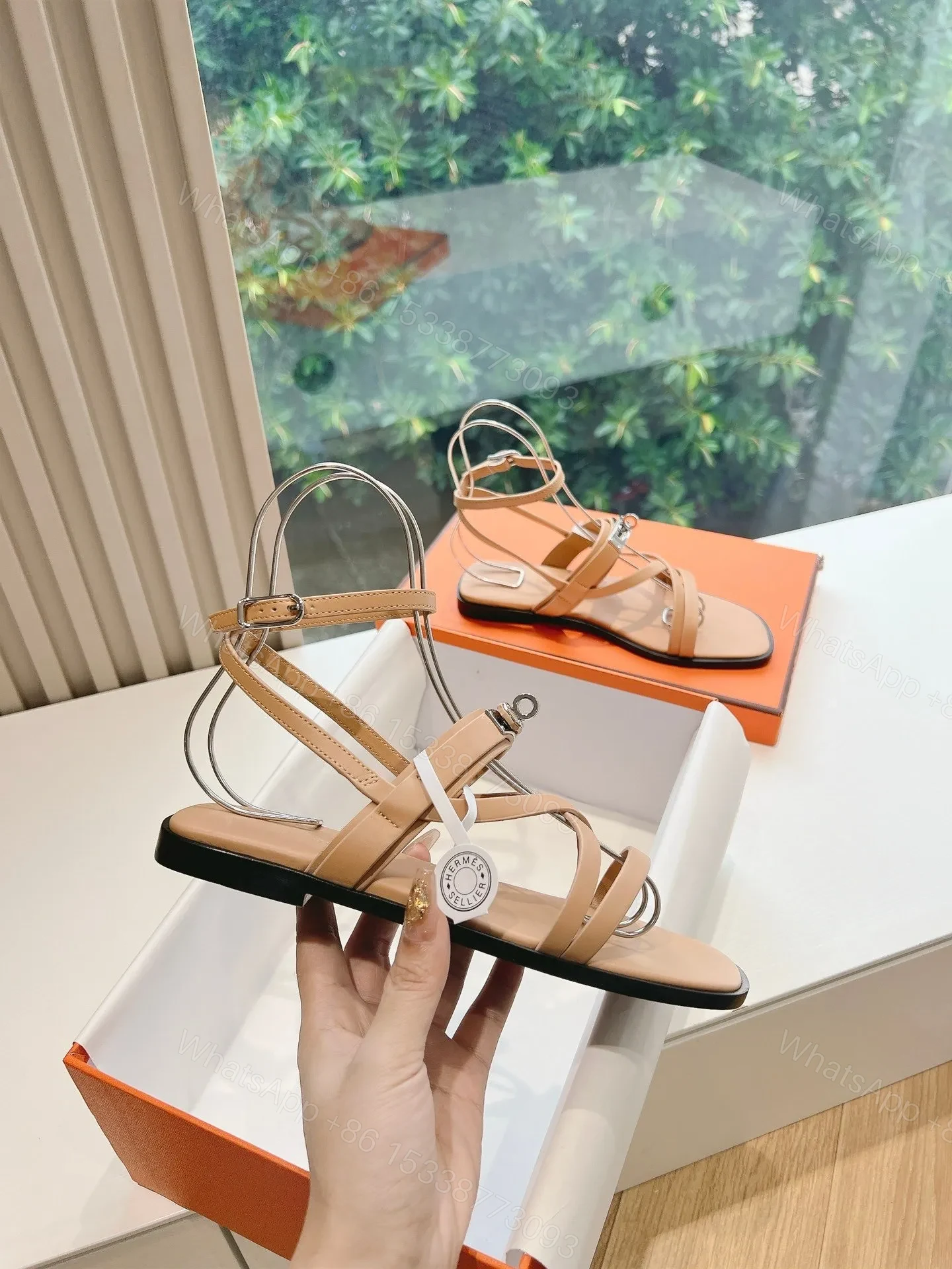 View 5 of Hermes Women Beige Leather Strappy Sandals