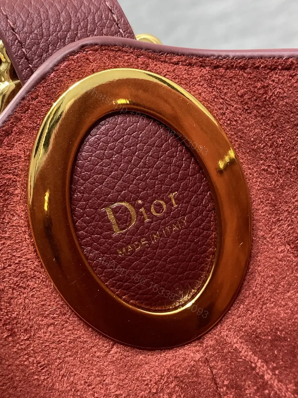 View 6 of Burgundy Pebbled Leather Handbag, Gold Hardware, Dior Monogram Detachable Cardholder Strap
