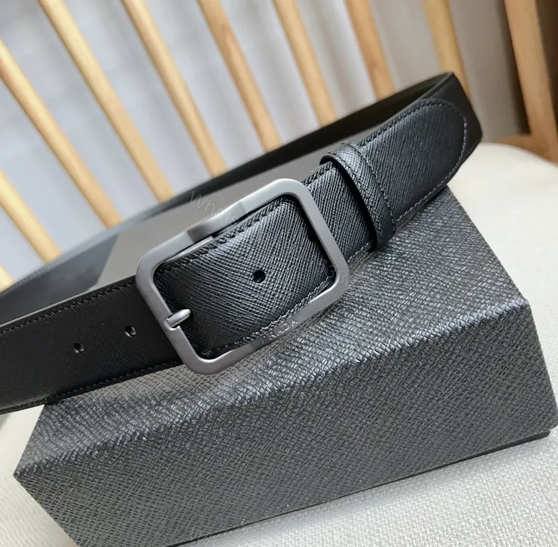 View 5 of Minimalist Black Leather Belt with Prada-Style Hardware Luxury Belt