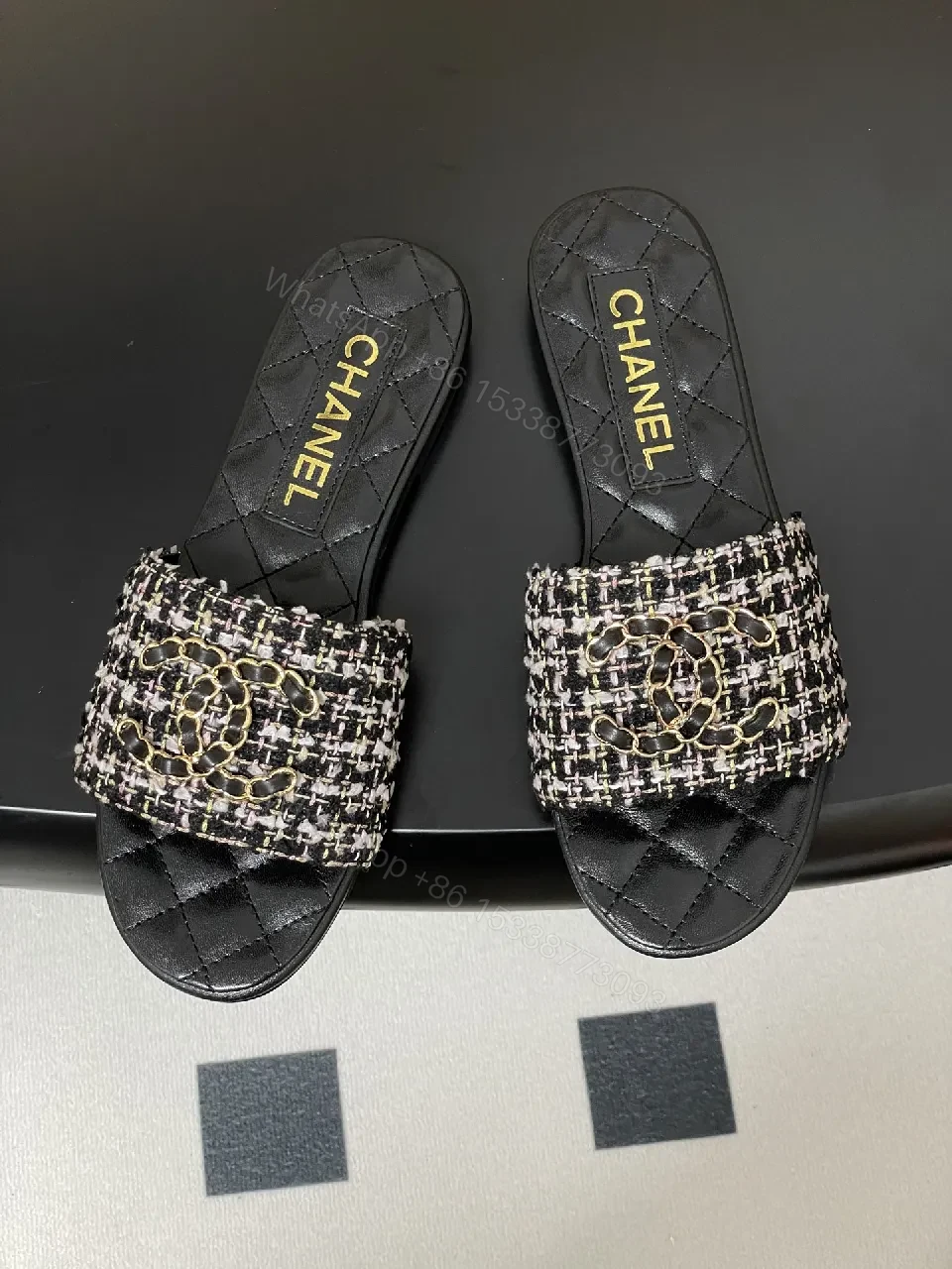 View 7 of Tweed Slide Sandals with Gold Chain Detail, Lux Comfort
