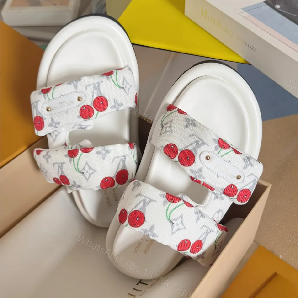 View 2 of White Canvas Cherry-Print Slides with Monogram, Velcro Strap, Comfort