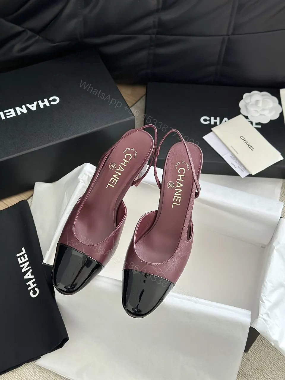 View 5 of Burgundy Leather Slingback Heels with Black Cap Toe