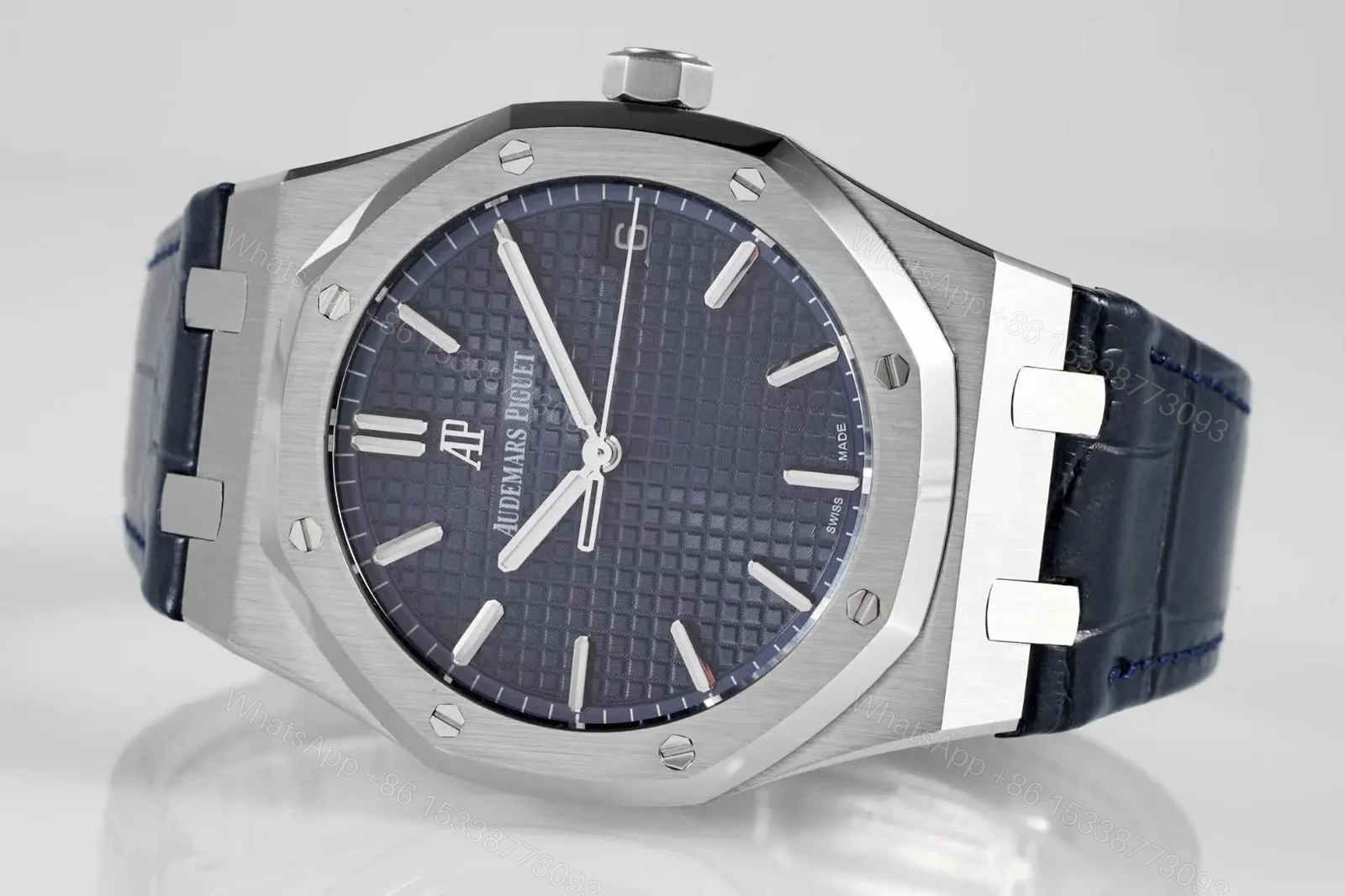 View 4 of 8F Factory Audemars Piguet Royal Oak 15500 Stainless Steel Watch with Blue Dial and Leather Strap