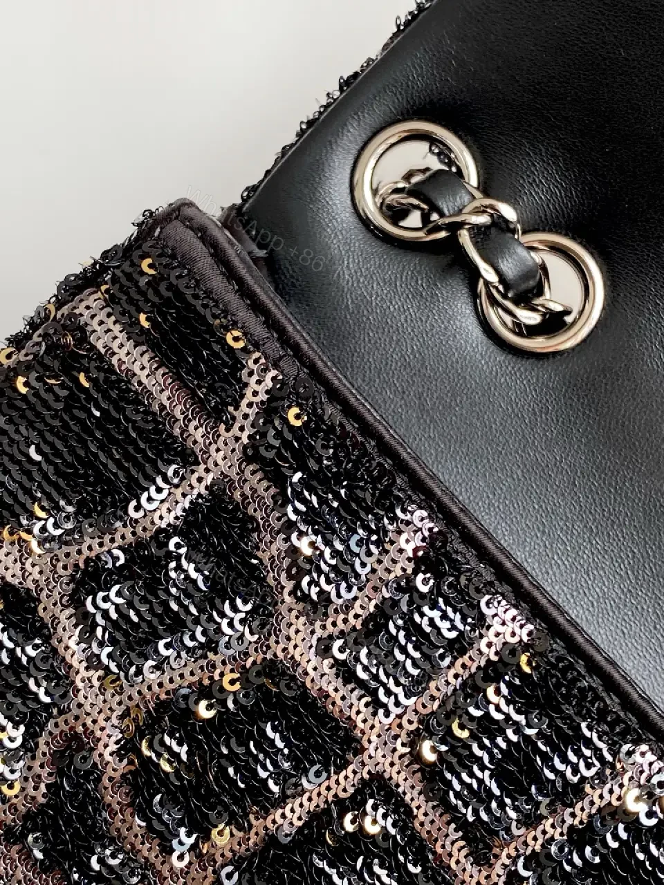 View 9 of Black Tweed Quilted Flap Bag with Silver Chain Strap
