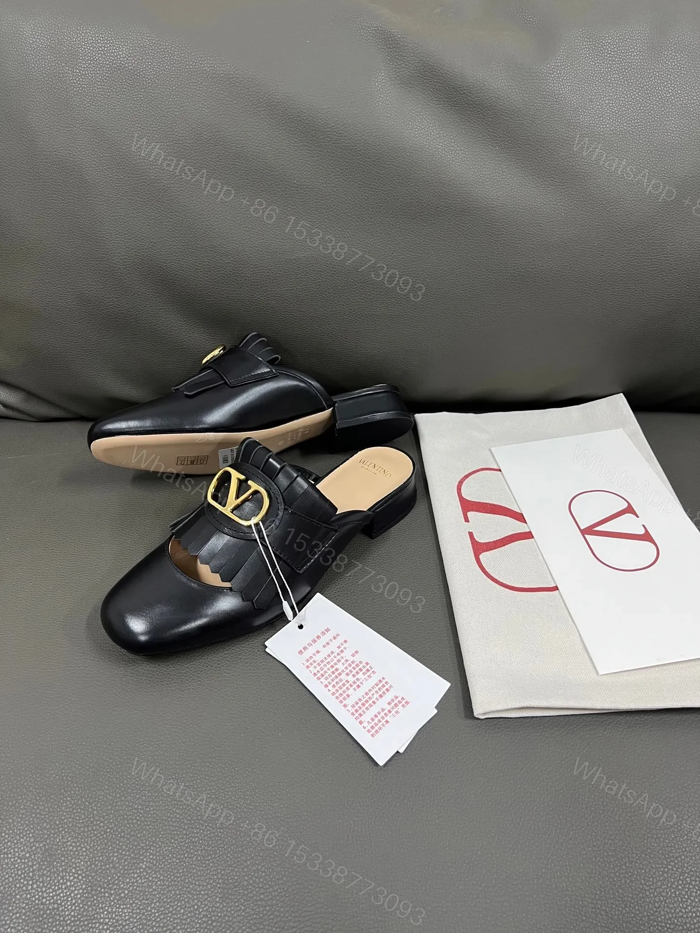 View 2 of Valentino Women Black Leather Fringe Mules