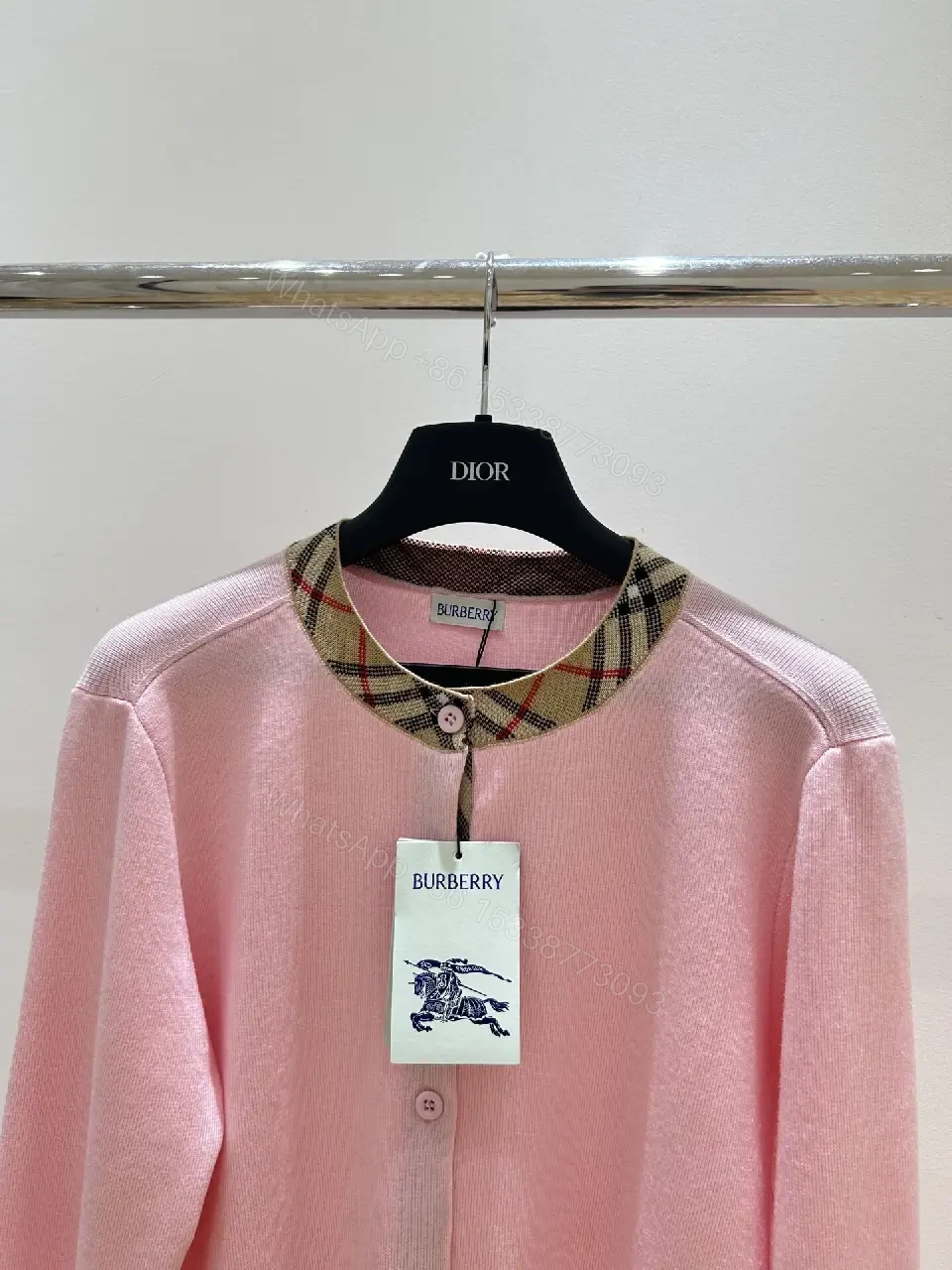 View 11 of Soft Pink Cardigan with Signature Check Collar Knitwear, Lightweight Warmth