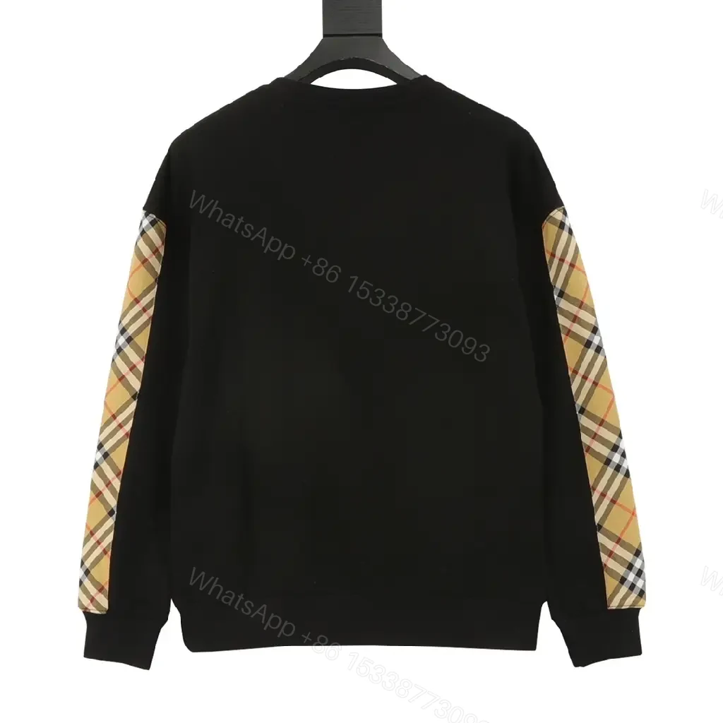 View 4 of Black Knit Crewneck with Signature Check Sleeves, Slim Fit, Luxury Casual