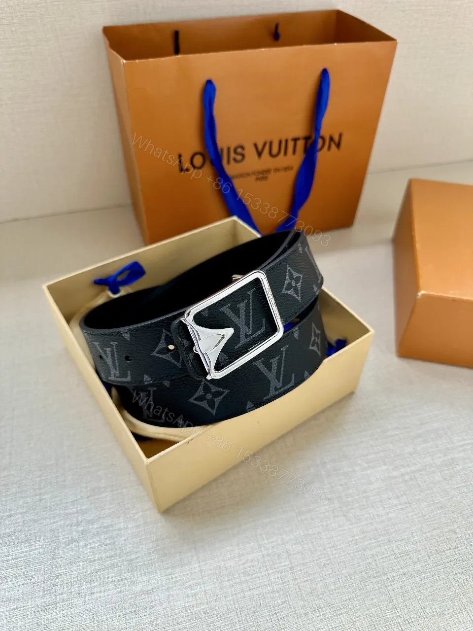 View 6 of Monogram Belt: Modern Luxury Black Leather Style, Gold Buckle