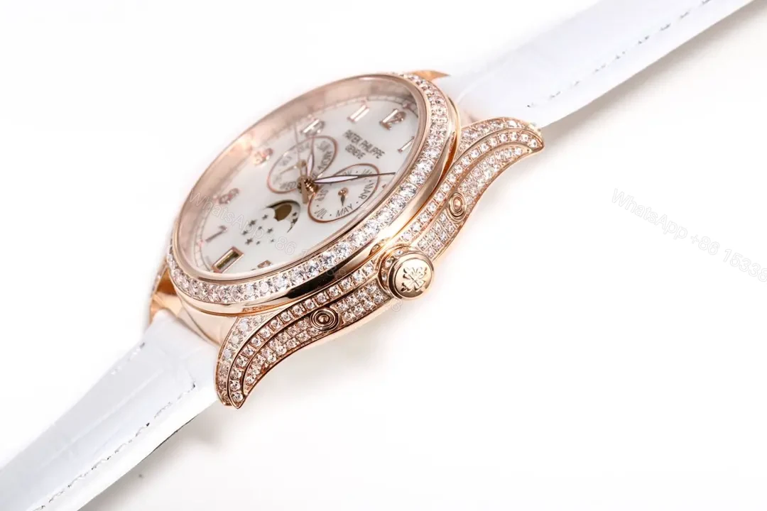 View 5 of Patek Philippe Complications Collection Ladies’ Annual Calendar Moon Phase Watch in Rose Gold with Diamond Set Case White Mother of Pearl Dial and Italian Leather Strap