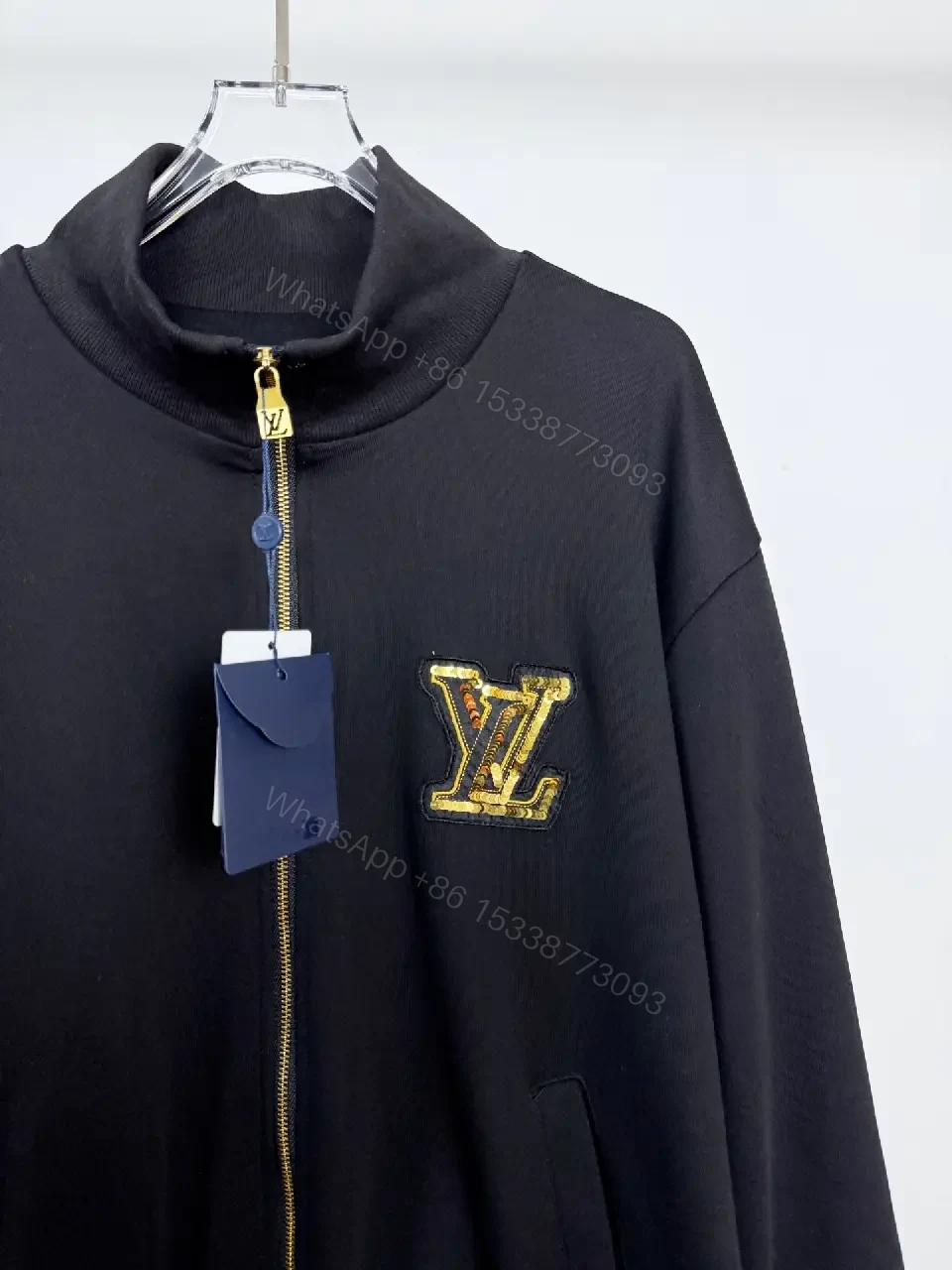 View 4 of Black Leather-Blend Zip Jacket with Luxury Emblem