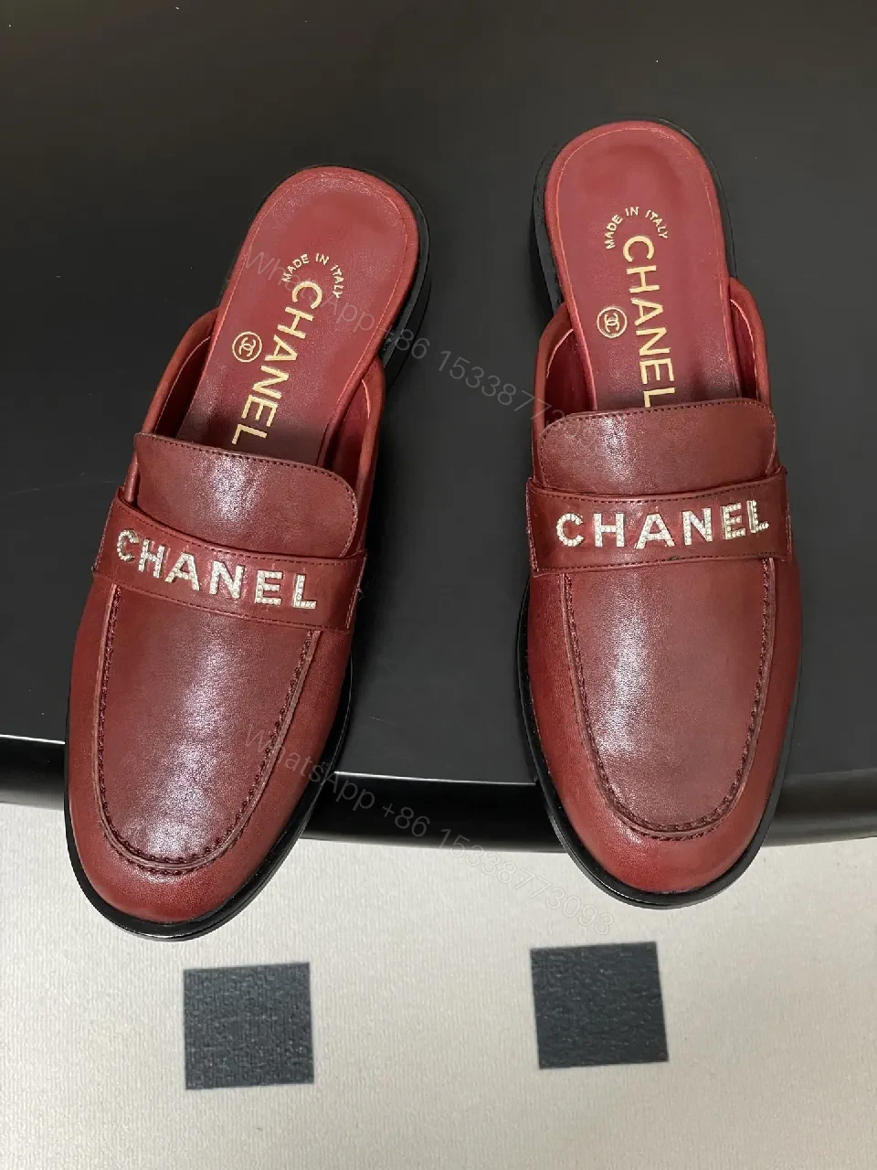View 9 of Burgundy Leather Mule Slides with Signature Logo Billet