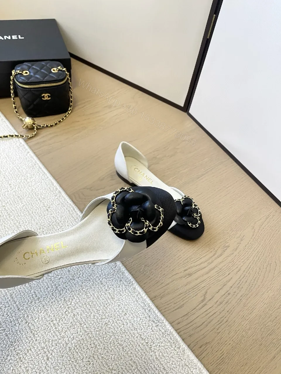 View 2 of Two-Tone Slingbacks with Gold Chain Embellishment - Luxury Open-Back Heels
