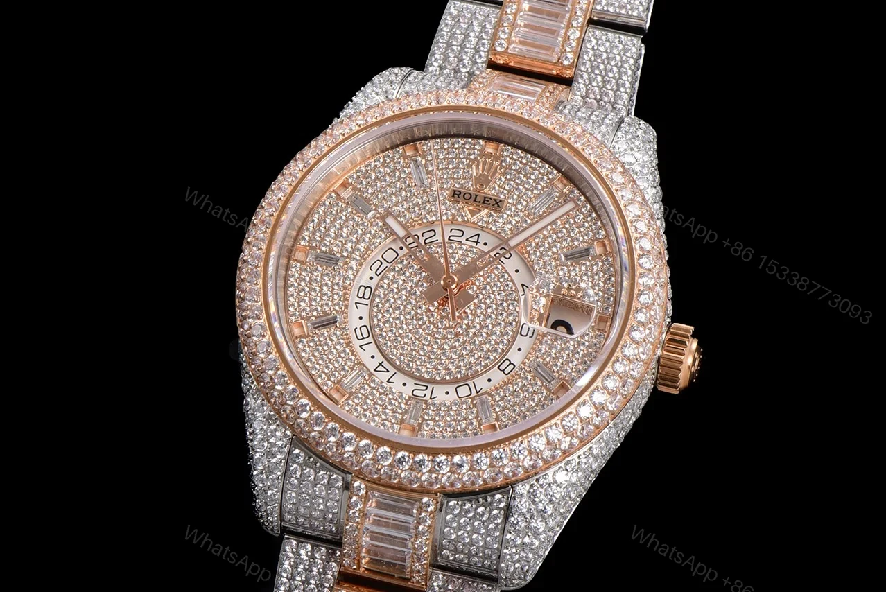 View 2 of Rolex Sky-Dweller Rose Gold Diamond Replica 42MM Exclusive Full Pavé Two-Tone Bracelet RG-ROLEX-SKYDWELLER-ROSEGOLD-42