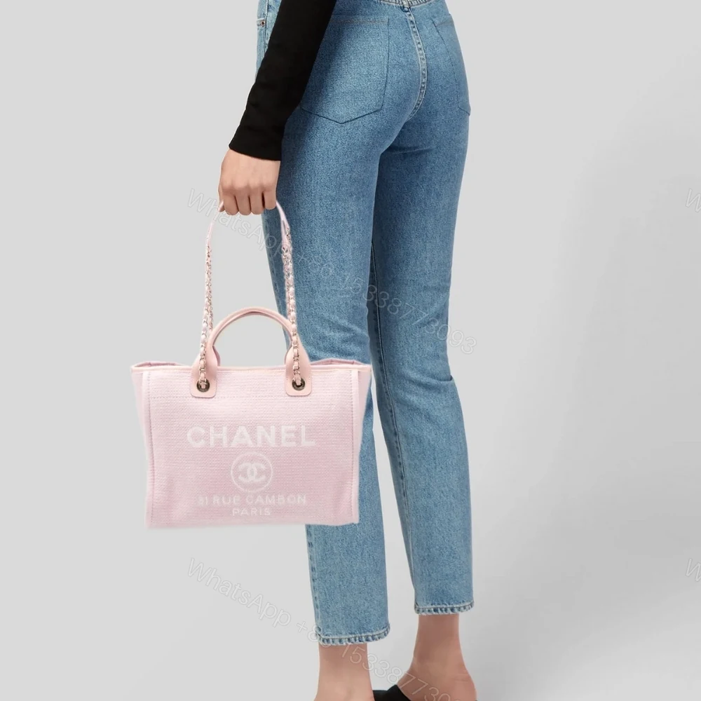 View 6 of Chanel Small Deauville Shopping Tote Bag Mixed Fibers Pink 33Cm
