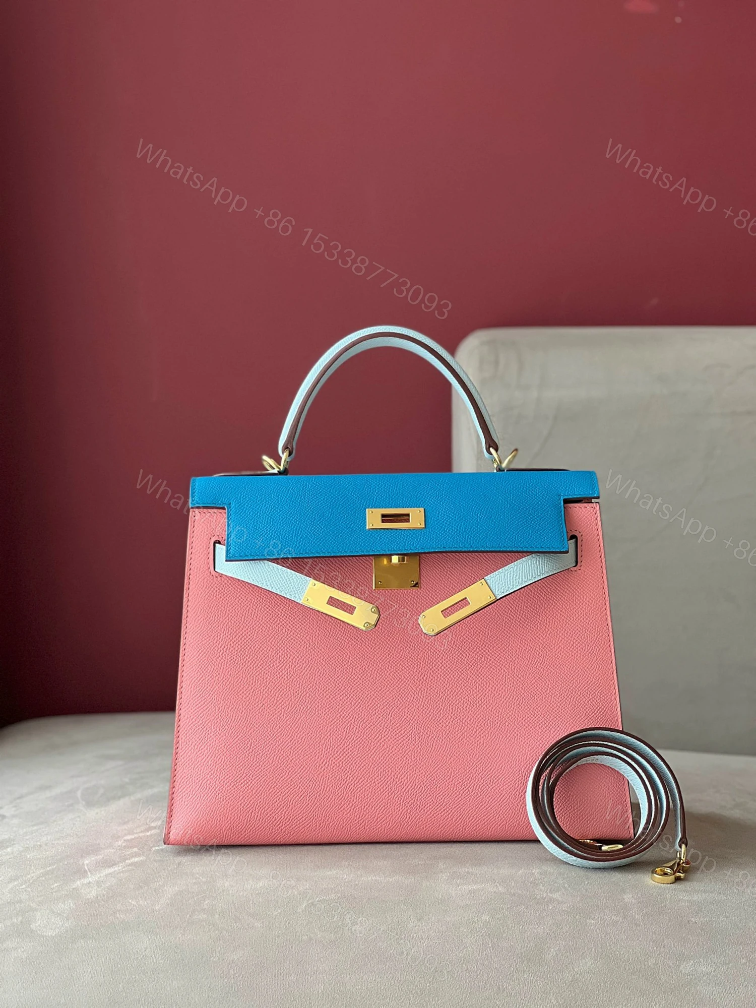 View 6 of Hermes Kelly 28 Epsom Light Blue/ Electric Blue/Rose Pink Gold Hardware