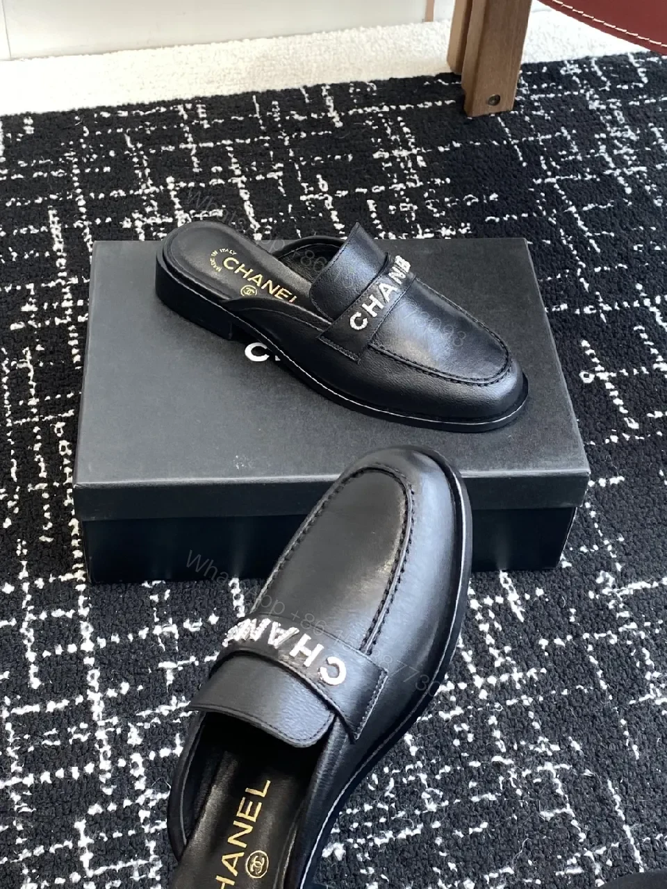 View 7 of Black Leather Slides with Logo Straps - Luxe Everyday Comfort