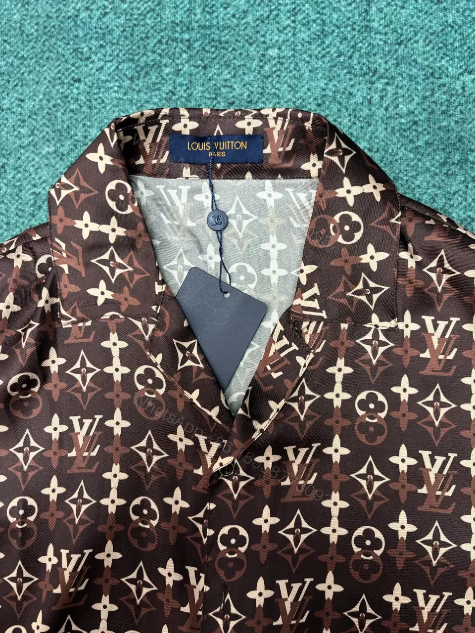 View 3 of Brown LV Monogram Short-Sleeve Shirt, Relaxed Button-Front Classic Style