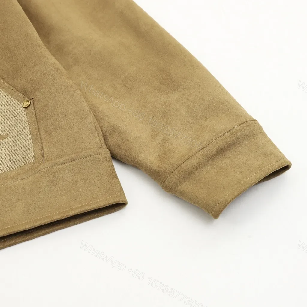 View 9 of Brown Suede Jacket with Shearling Collar & Monogram Panels - Luxe Streetwear Jacket