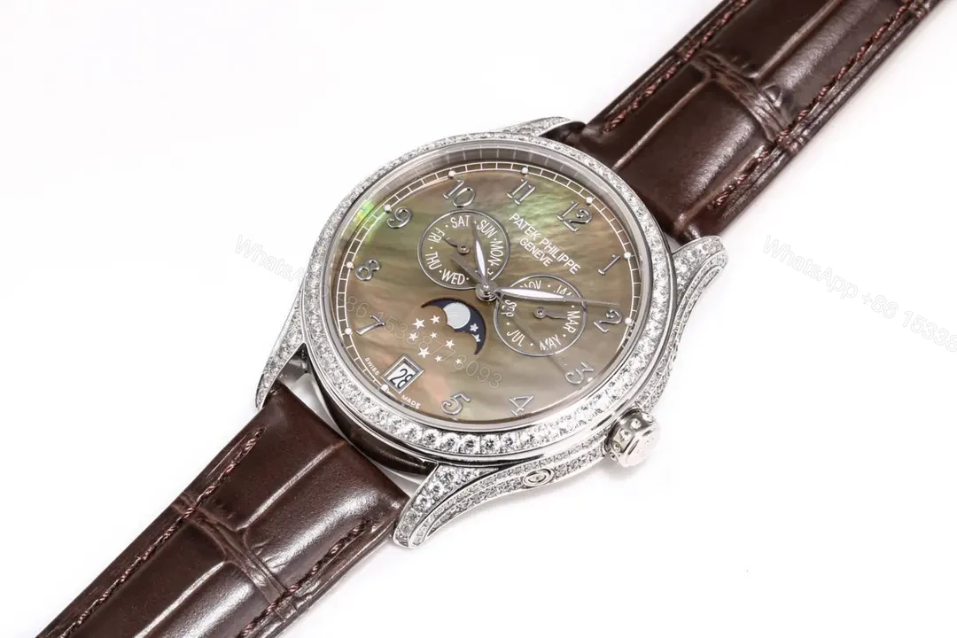View 4 of Patek Philippe Complications Collection Annual Calendar Moon Phase Ladies’ Watch in Rose Gold/Silver with Diamond Set Case Brown Leather Strap