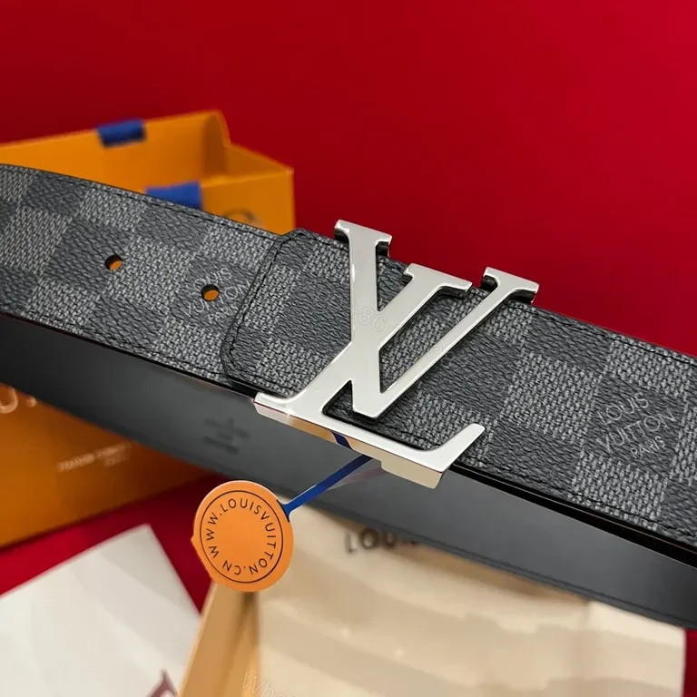 View 7 of Damier Signature Belt: Gold LV Buckle, Leather-Canvas Luxury
