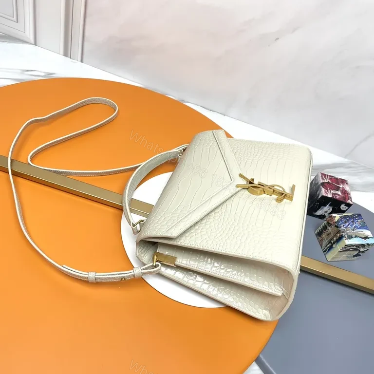View 4 of Ivory Croc-Embossed Leather Bag with Gold YSL Logo, Structured Style